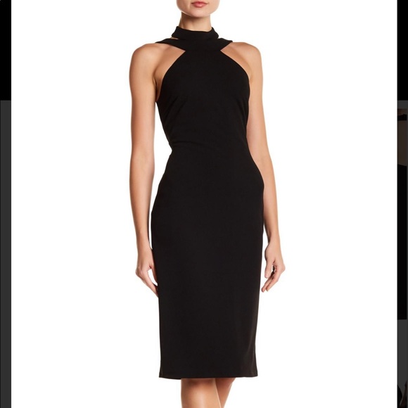 bebe mock neck strappy crepe dress